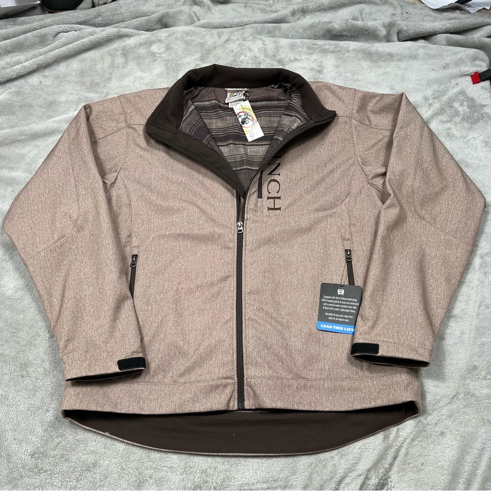 NWT Cinch Bonded Softshell Jacket Mens XL Stone Beige Plaid Lined Western Logo